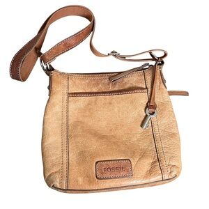 VTG FOSSIL Genuine Leather Brown Crossbody Bag Tan Satchel Zip-Top Key Charm Y2K